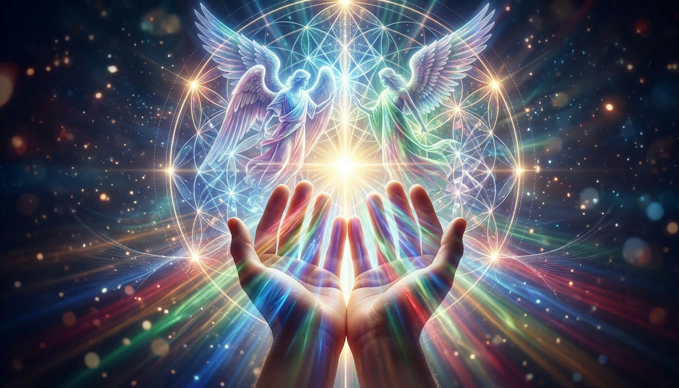 Two open hands reaching up towards glowing angel figures surrounded by radiant, colorful light and geometric patterns