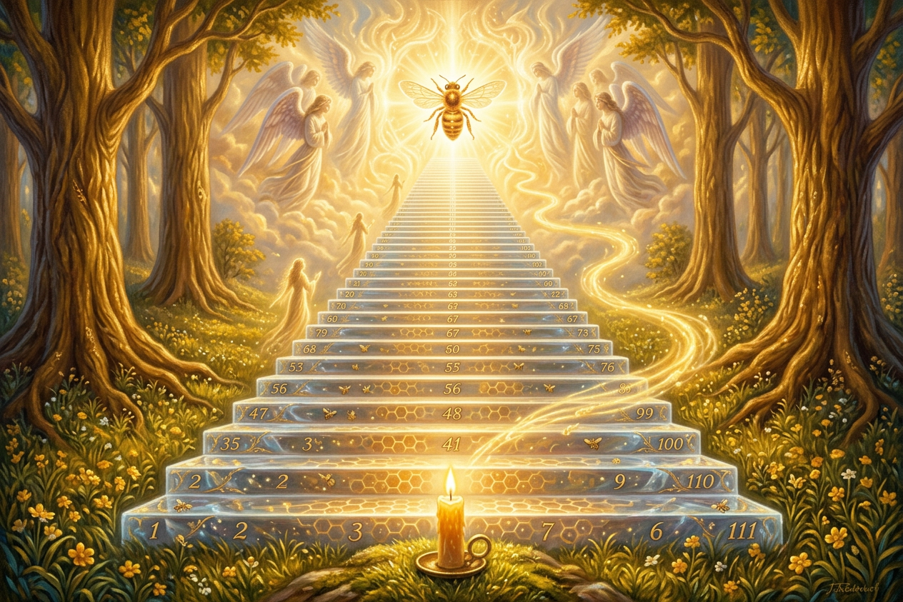 Glowing bee above a mystical stairway with angels in a forest
